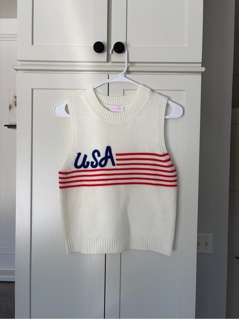 USA Sleeveless Knit Sweater Vest - White with Red & Blue